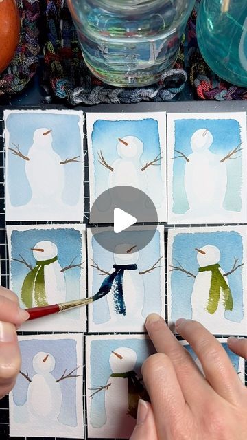 Christmas Illustrations Simple, Watercolor Snowman Tutorial, Winter Watercolor Simple, Watercolor Timelapse, Watercolor Snowmen, Watercolor Snowman, Watercolor Christmas Cards Diy, Charming Personality, Painted Christmas Cards