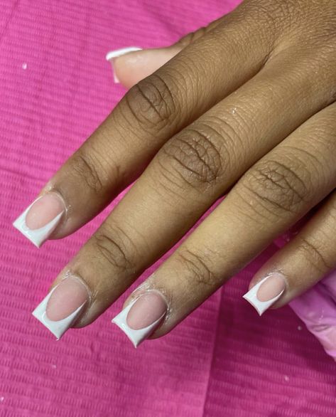 Deep French Square Nails, U Shape French Tip Nails, Swoop French Nails, Short V French Tip Acrylic Nails, V Shape French Tip Nails Square, Short Deep French Nails, V Cut French Tip Nails Short, Different Types Of French Tips, Thick French Tip Short Nails