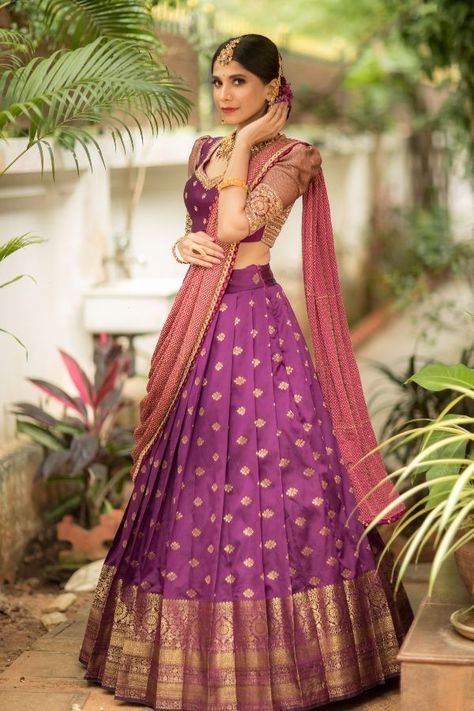 Lehengas From Sarees, Purple Half Saree South Indian, Half Saree For Engagement, Silk Lehenga Designs Latest, Silk Half Saree Designs, Latest Half Saree Designs Party Wear, Purple Half Saree, Kanchi Pattu Lehenga Half Saree, Half Saree Designs Simple