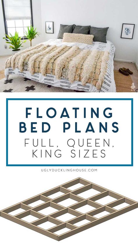 diy floating bed plans - FULL, QUEEN, KING sizes now available #buildplans #diy #woodworking #diyfurniture #moderndesign #bedroom #buildabed #diybed #floatingbed Floating Bed Plans, Diy Floating Bed, Floating Bed Diy, Floating Platform Bed, Platform Bed Queen, Bed Frame Plans, Murphy Bed Ikea, Floating Bed Frame, Diy Platform Bed