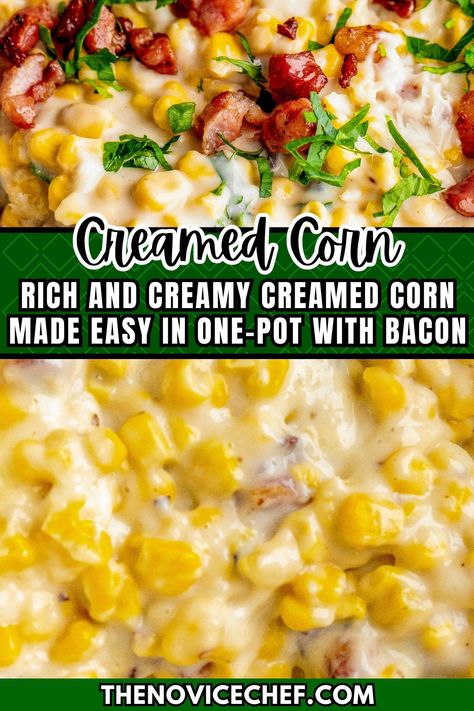 This easy one-pot creamed corn recipe with smokey bacon is the only side you'll be making for cookouts from now on. Use fresh, frozen, or canned corn, and it'll be just as rich and creamy! You can even add a sprinkle of red pepper flakes for heat. Best Creamed Corn, Southern Fried Pork Chops, Corn Side, Amish Food, Novice Chef, Corn Side Dish, Creamed Corn Recipes, 2023 Recipes, Thanksgiving 2023