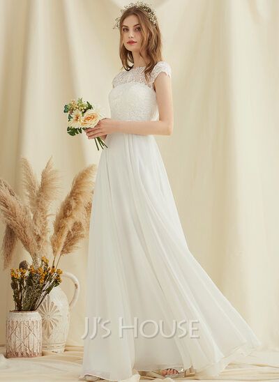 A-Line Floor-Length Chiffon Lace Wedding Dress (002234880) - JJ's House Floor Length Lace Dress, Wedding Dress Silhouette, Cheap Formal Dresses, Chiffon Lace Dress, Beach Garden, Chiffon Wedding Dress, Dresses Chiffon, Outdoor Reception, Prom Dresses Online