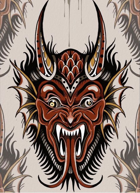 Traditional Demon Head Tattoo, Japanese Demon Tattoo Traditional, Traditional Demon Face Tattoo, Demon Head Tattoo, Devil Face Tattoo, Krampus Tattoo, Devil Tattoo Design, Traditional Sailor Tattoos, Tattoo Mafia