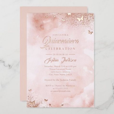 $3.95 | ROSE GOLD FOIL Pink Peach Butterfly Quinceanera - real foil, foil, watercolor, rose gold, blush, pink, quinceanera, pink quinceanera, rose gold quinceanera, gold Blush Pink Quinceanera, Pink Flowers Invitation, Peach Butterfly, Marble Invitation, Rose Gold Quinceanera, Quinceañera Invitations, Quinceanera Pink, Butterfly Invitations, Rose Gold Invitations