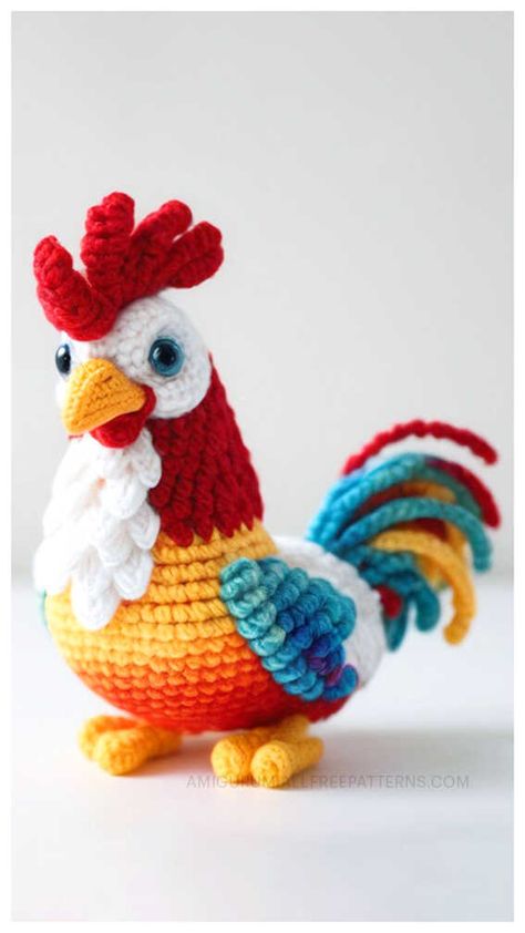 Amigurumi Cockerel Free Crochet Pattern Crochet Farm Animals, Crochet Bird Patterns, Crochet Dog Patterns, Crochet Chicken, Crochet Birds, Crochet Animals Free Patterns, Crochet Amigurumi Free, Crochet Animal Patterns, Crochet Toys Patterns