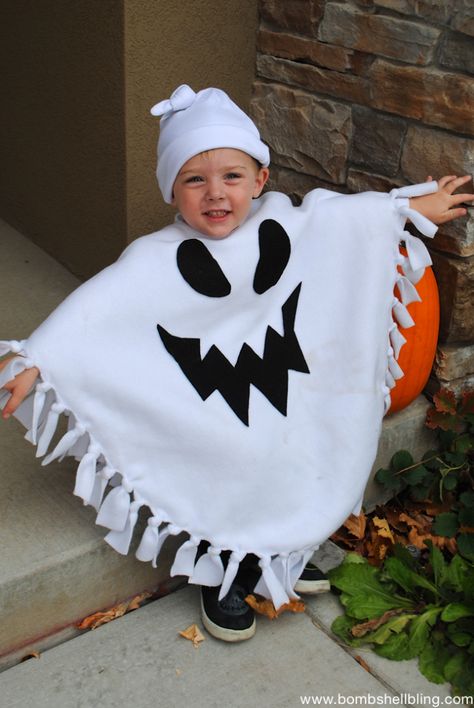 No Sew Ghost Poncho Costume-3 Diy Ghost Costume, Toddler Ghost Costume, Ghost Costume Kids, Sew Halloween Costume, Diy Ghost, Halloween Infantil, Ghost Halloween Costume, Baby Boy Halloween, Homemade Halloween Costumes