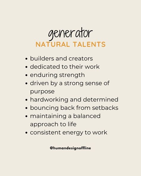 Discover Your Natural Talents based on your type ✨ Did you know that each Human Design type has unique gifts and strengths? 🎨✨ ✨ Manifestors: Visionary leaders with the power to initiate and create. ✨ Generators: Life force energy in motion, thriving in work they love. ✨ Manifesting Generators: Multi-talented dynamos, blending creativity with productivity. ✨ Projectors: Insightful guides, masters of wisdom and direction. ✨ Reflectors: Mirrors of the community, deeply attuned to their enviro... Pure Generator Human Design, Generator Human Design, Human Design Generator, Energy In Motion, Manifesting Generator, Human Design System, Holistic Therapies, Design 101, Life Force Energy