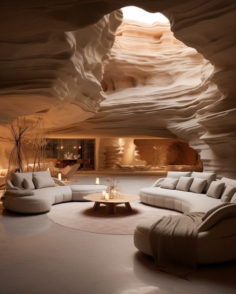 Desert Cave Haven by Fatemeh Abedi|Visualization Room Tattoos, Desert Cave, Home Decor Mid Century Modern, Luxury Architecture, Luxury Living Room Decor, Wall Painting Art, Cave House, House Fashion, Modern Residence