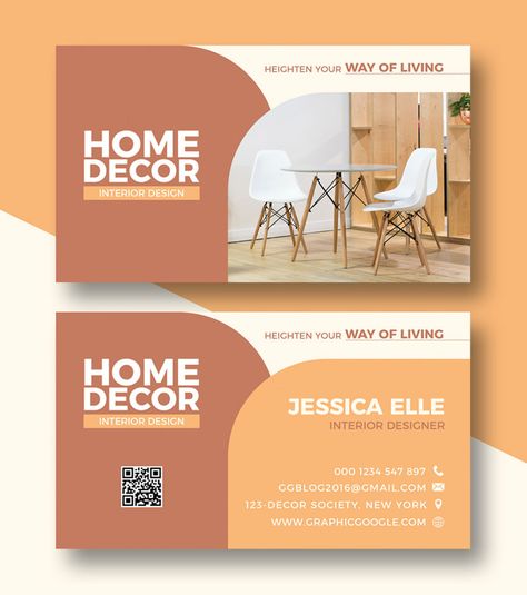 Home Decors Business Card Design Template PSD Interior Business Card, Visiting Cards Design Creative Business, Visiting Cards Design Business, Visiting Cards Design Creative, Digital Card Design, Visiting Cards Design, Business Card Dimensions, Business Card With Qr Code, Business Card With Qr