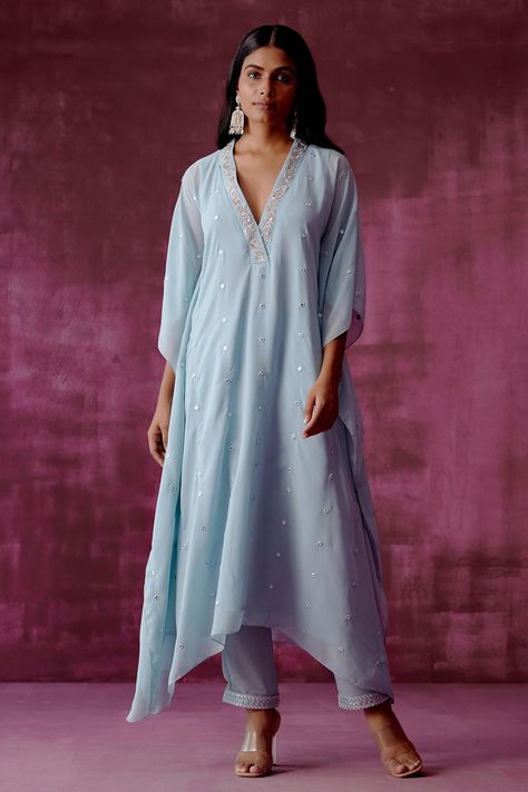 Shop for Tabeer Blue Shantoon Embroidered Kaftan And Pant Set for Women Online at Aza Fashions Kaftan Outfit, V Neck Kaftan, Kaftan Designs, Sustainable Clothing Brands, Kurta Designs Women, How To Hem Pants, Indian Designer Outfits, Suit Designs, Kurta Designs