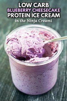 For a delicious keto treat using your Ninja Creami ice cream machine, try this keto blueberry cheesecake ice cream. Not only is it low carb and sugar free, but it's also high protein. So if you have a sweet tooth, this blueberry protein ice cream will be sure to satisfy your cravings! Each serving has just 7 grams net carbs and 13.7 grams protein! Low Carb Ice Cream Ninja Creami, High Protein Low Sugar Ninja Creami Recipes, Blueberry Sorbet Ninja Creami, Creami Ice Cream Ninja, Blueberry Ninja Creami, Ninja Creami Recipes Low Calorie High Protein, Blueberry Ice Cream Ninja Creami, High Protein Ice Cream Ninja Creami, Blueberry Ninja Creami Recipes