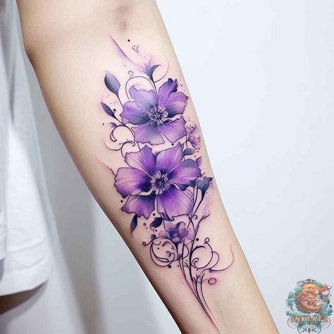 The Fascinating World of Purple Ink Tattoos – 57 Designs - inktat2.com Black And Purple Tattoos, Purple Tattoos For Women, Purple Flower Tattoos For Women, Purple Ink Tattoos, Purple Floral Tattoo, African Violet Tattoo, Purple Tattoo Ink, Purple Flower Tattoo, Purple Orchid Tattoo