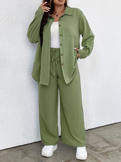 Plus Pocket Front Drop Shoulder Shirt & Wide Leg Trousers Green Casual  Long Sleeve  Plain  Non-Stretch  Women Plus Clothing, size features are:Bust: ,Length: ,Sleeve Length: Shirts And Trousers Women, Shirt Trouser Women, Pant And Shirt For Women, Modest Summer Outfits Plus Size, Shirt And Trousers Women, Jumpsuit Outfit Wedding, Casual Plus Size Outfits, Shirt And Trouser, Hijab Fashion Summer