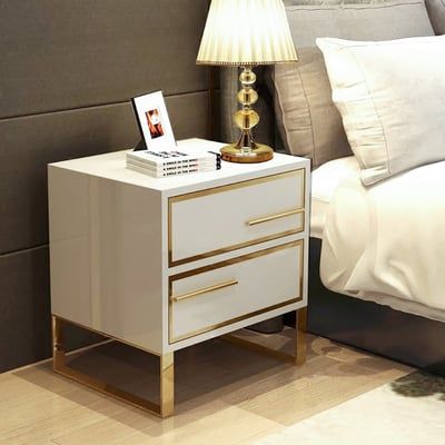 Modern White Nightstand Lacquered 2-Drawer with Golden Stainless Steel Legs-Homary Modern Contemporary Bedside Tables, Modern White Bedside Table, Cool Bedside Tables, Bedside Table Contemporary, Traditional Table Lamps, Contemporary Nightstand, White Bedside Table, Modern Bedside Table, Bedroom Essentials