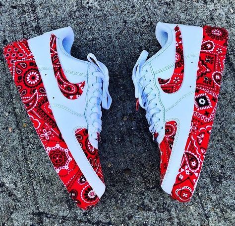 air force, custom, and nike #Nike #AirForce1 #Nike #Fashion #Shoes #NikeShoes #Sneakers #Activewear #ShopTheLook Custume Shoes, Red Bandana Shoes, Bandana Shoes, Nike Red Sneakers, Nike Shoes Blue, Custom Sneakers Diy, Nike Shoes Air Force, White Nike Shoes, Jordan Shoes Girls