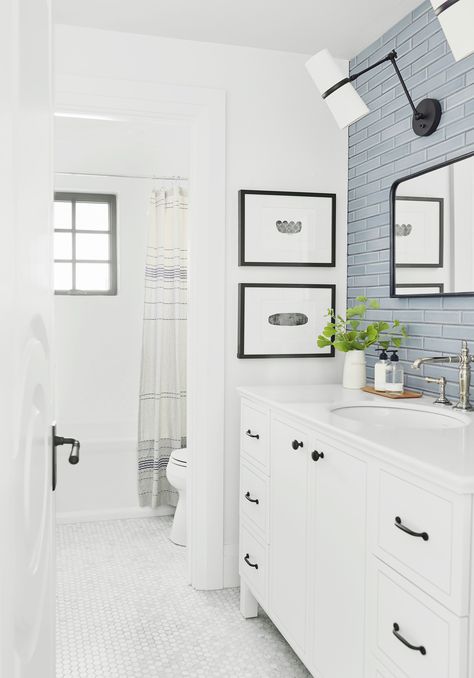 Emily Henderson bathroom remodel ideas. Love the handmade blue-ish gray tile from Pratt and Larson paired with white floor, white vanity and white counters. Styl Hampton, Farmhouse Bathroom Remodel, Bad Inspiration, New Toilet, Modern Farmhouse Bathroom, Bathroom Renos, Remodeling Ideas, Bathroom Remodel Master, Farmhouse Bathroom