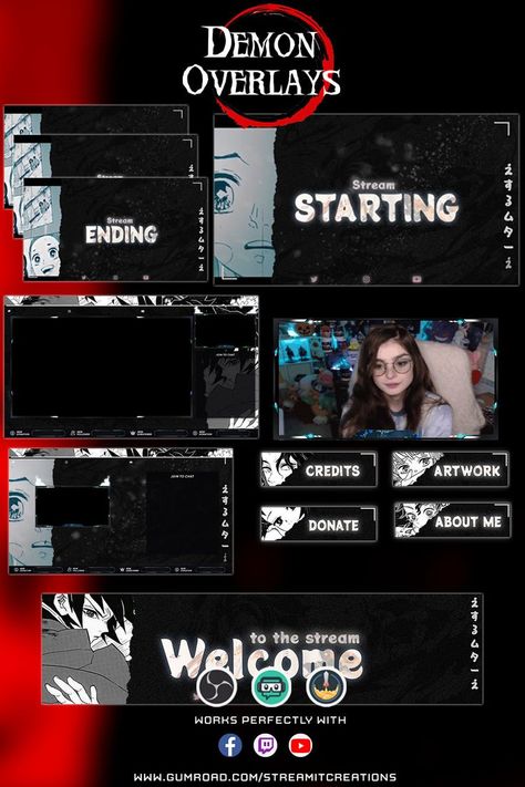 To demon slayer lovers , Get the full package on our shop , you may find some other projects that will suit your vibe . Demon slayer stream overlay pack to brand your stream! Cute stream overlays, with a relaxing red color palette. Inspired from Kimetsu no yaiba! This package contains all overlays you need to upgrade your Twitch channel: Animated Alerts, Screens, Webcam Overlays, Stinger Transitions, Panels & more! Stream Overlay Design, Graphics Overlay, Twitch Bits, Stinger Transition, Stream Overlay, Brand Ideas, Red Colour Palette, Graphic Ideas, Twitch Channel