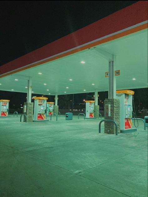 gas, gas station, nostalgia, nostalgic, night, abandoned, unpleasant, feelings, mood, alone, strange, night time, inspo, lights, gas pumps, no one around Gas Station Photos, Gas Station Aesthetic, Werewolf Name, Dr Visuals, Aesthetic Scenery, Clip Ideas, Gas Pump, Gas Stations, Playlist Covers