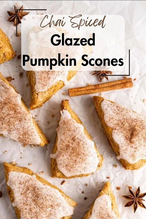 These incredible chai-spiced pumpkin scones are full of warm aromatic flavour, and are perfectly flaky in texture. These iced pumpkin scones are made with an array of cozy chai spices, including cinnamon, cloves, and cardamom. These scones are full of several flaky layers, while simultaneously being extremely moist! Chai Spice Scones, Chai Scones, Chai Spices, Types Of Pastry, Pumpkin Spice Recipe, Scones Ingredients, Pumpkin Scones, Spiced Pumpkin, Pastry Flour