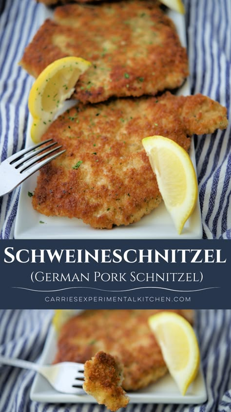 Schweineschnitzel or German Pork Schnitzel made with center cut boneless pork chops that have been pounded, breaded and fried.  #pork Best Pork Schnitzel Recipe, Baked Schnitzel Pork, Pork Tenderloin Schnitzel, German Style Pork Chops, Side Dishes Pork Chops, German Pork Knuckle Recipe, Pork Chop Schnitzel Recipes, Boneless Pork Cutlets Recipes, Pork Tenderloin Schnitzel Recipe