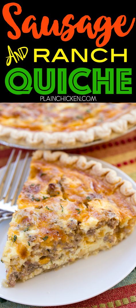 Sausage and Ranch Quiche - so quick and easy. Everyone LOVED this recipe!! Can make ahead and freeze for later. Pie crust, sausage, ranch dressing, cheddar cheese, heavy cream, eggs, and pepper. Ready to eat in an hour. Great for breakfast, lunch or dinner. THE BEST! Filet Mignon Chorizo, Chicken Quiche, Sausage Quiche, Breakfast Quiche Recipes, Quiche Recipes Easy, Mini Quiches, Cheese Quiche, Plain Chicken, Breakfast Quiche