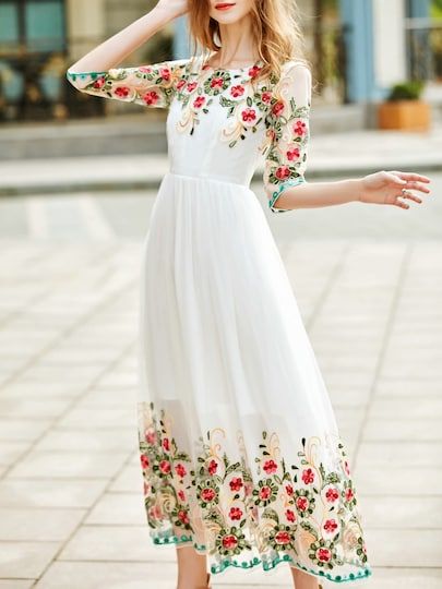 Product name: White Gauze Flowers Embroidered Dress at SHEIN, Category: Day Dresses Flower Embroidered Dress, Chique Outfit, A Line Evening Dress, فستان سهرة, Beauty Dress, Moda Vintage, Embroidery Dress, Embroidered Dress, Look Fashion