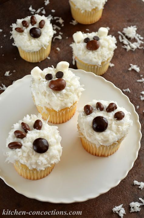 Kitchen Concoctions: Northpole Pretzels and Polar Bear Cupcakes Artic Party, Alaska Party, Polar Bear Cupcakes, Arctic Party, Polar Bear Cupcake, Teddy Bear Picnic Birthday Party, Teddy Bear Birthday Party, Bear Cupcakes, Picnic Birthday Party