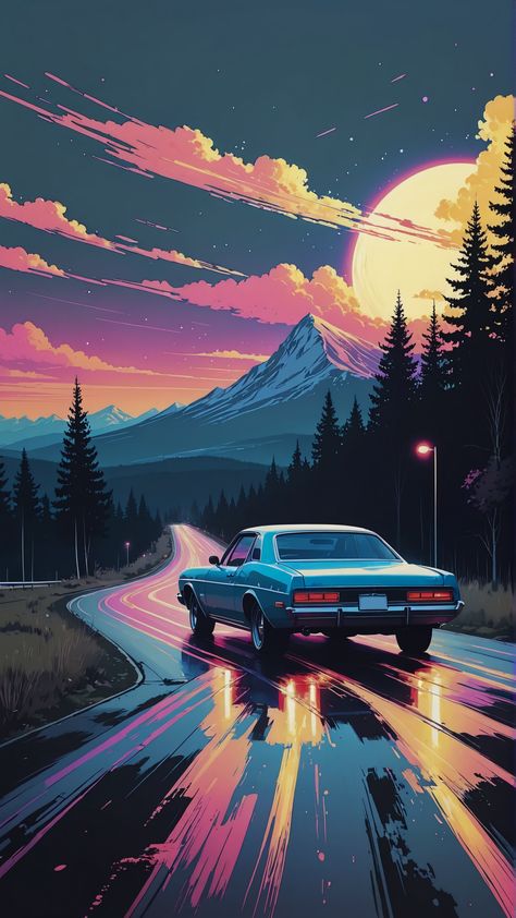 Classic car lofi art wallpaper - Whimsical painting of a road trip to the mountains Car Driving On Road Painting, Road Trip Art Drawing, Road Sunset Painting, Winding Road Painting, Lofi Art Wallpaper, Lofi Vaporwave, Dreamlike Art, Stylized Clouds, Deep Paintings