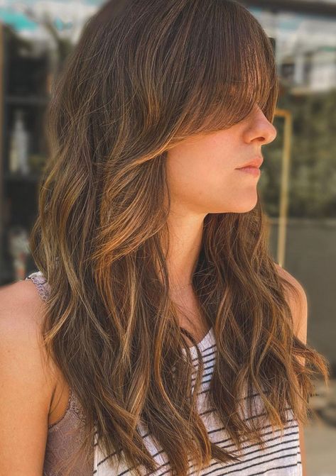 curtain bangs that are so trendy in 2022, layered haircut with curtain bangs Layered Haircut With Curtain Bangs, Layered Cut With Bangs, Layers And Bangs, A Hairstyle, Sleek Updo, Layered Cut, Bob Haircut For Fine Hair, Stylish Haircuts, Layered Haircut