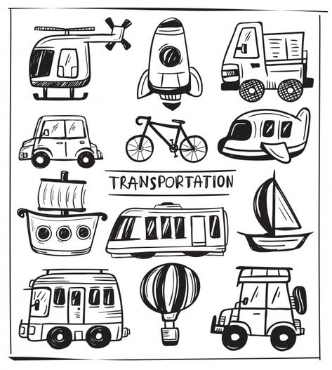 Transportation doodle set Premium Vector Transportation Doodle, Art Atelier, Tourism Day, Ribbon Banner, Holiday Background, Affinity Designer, Happy Travels, Outline Art, Christmas Cocktails Recipes