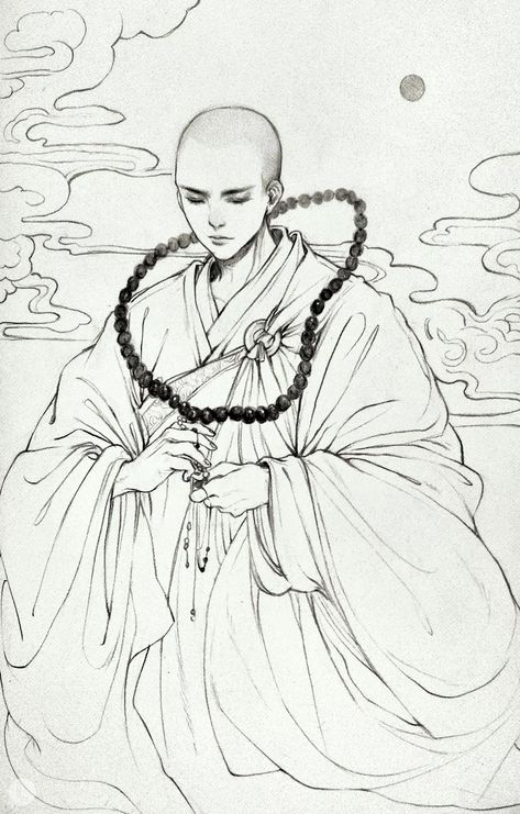 Buddhist Monk Art, Monk Drawing, Wu Kong, Romantic Comics, Buddhist Art Drawing, Line Artwork, Buddhist Monk, Buddhist Art, Cute Art Styles