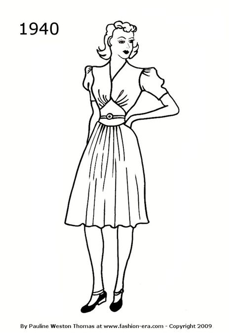 Fashion Silhouette Dress Drawing 1940 1940s Silhouette, Timeline Drawing, 1940 Dress, 1940s Dress Pattern, 1940 Style, Fashion 40s, 1940s Women, 1940s Outfits, Fashion Timeline