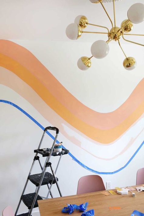 Striped Wave Wallpaper DIY! Stripe Across Wall, How To Paint Waves On A Wall, Color Stripes Wall, Striped Room Paint, Foyer Wall Painting Ideas, 70s Wavy Wall Art, Retro Wall Mural Diy, Retro Stripe Wall, Retro Wall Paint