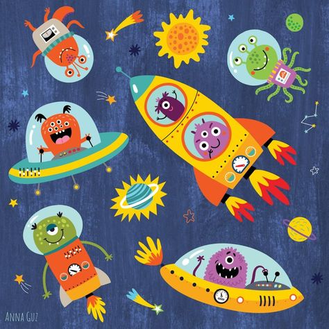 Alien Illustration Cute, Alien Illustration, Cute Monster Illustration, Spaceship Illustration, Space Cartoon, Monsters Vs Aliens, Illustration For Children, 30 Day Art Challenge, Solar System Crafts