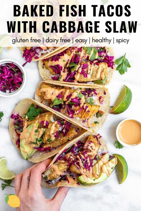 Baked Cod Fish Tacos, Fish Tacos Gluten Free, Tacos Gluten Free, Baked Fish Tacos, Cod Fish Tacos, Fish Tacos With Cabbage, Spicy Dressing, Spicy Fish Tacos, Lime Slaw