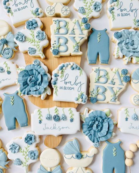 Baby Boy In Bloom Cookies, Baby In Bloom Boy Shower Decor, Baby In Bloom Boy Shower Ideas Blue, Baby Boy Spring Shower Ideas, Baby Boy Shower Ideas Summer, Blue Flowers Baby Shower Theme, Baby In Bloom Cake Boy, Spring Boy Baby Shower Themes, Baby Boy Sprinkle Themes Spring