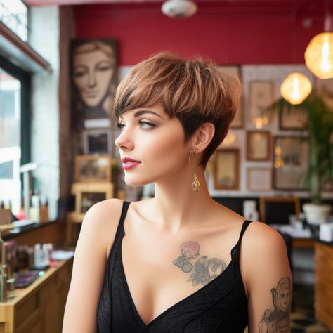 25 Whimsical Pixie Wolf Cut Ideas | HairAide Pixie Side View, Hair Color For Pixie Haircut Highlights, Wolf Pixie Haircut, Two Tone Pixie Cut, Wolf Pixie Cut, Pixie Cut Color Ideas, Shaved Pixie Cut Edgy, Pixie Wolf Cut, Pixie Balayage