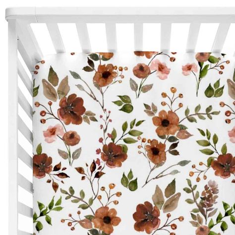 Rust And Light Pink Nursery, Burnt Orange Baby Nursery, Sage And Rust Nursery, Vintage Floral Nursery Decor, Rust Nursery, Burnt Orange Nursery, Floral Baby Bedding, Floral Crib Sheet, Personalized Nursery Decor