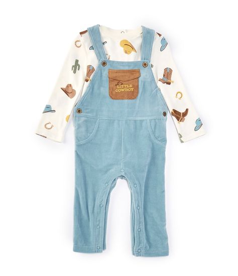 From Baby Starters, this 2-piece set features:Overalls:Corduroy overallsSquare necklineSleevelessButton-closure shoulder strapsButton-side closures"Little Cowboy" embroidery on the front pocketTwo side pocketsSnap-leg closures to make changing easyBodysuit:Long sleeve knit bodysuit in a Western ranch print Crew necklineRibbed bindingSnap-closures on one shoulderSnap-leg closures to make changing easyCare:Bodysuit of cotton&#04 Overalls Long Sleeve, Western Baby Clothes, Cowboy Embroidery, Western Babies, Corduroy Overalls, Little Cowboy, Knit Bodysuit, Baby Outfit, Boy Clothes