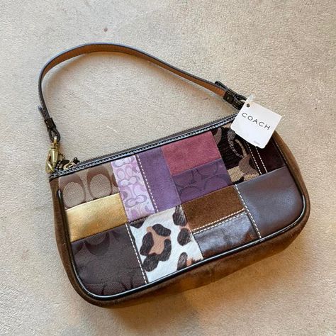 Vintage Coach Patchwork Bag, Coach Patchwork Bag, Vintage Bag Outfit, 2025 Journal, Y2k Bags, Vintage Coach Bags, Car Trunk, Patchwork Bags, Pretty Bags