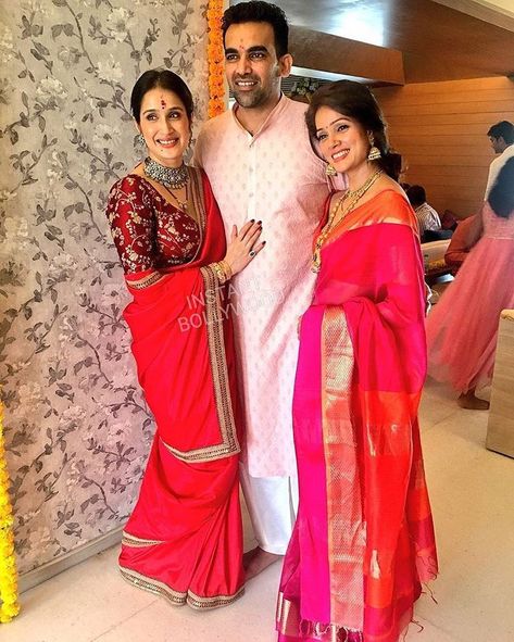 Newly Married Couple Zaheer Khan & Sagarika Ghatge 😍❤️ Sagarika Ghatge, Zaheer Khan, Celebrities Wedding, Saree Pic, Celebrity Saree, Engagement Saree, Modern Saree, Indian Bridal Lehenga, Indian Saree Blouse