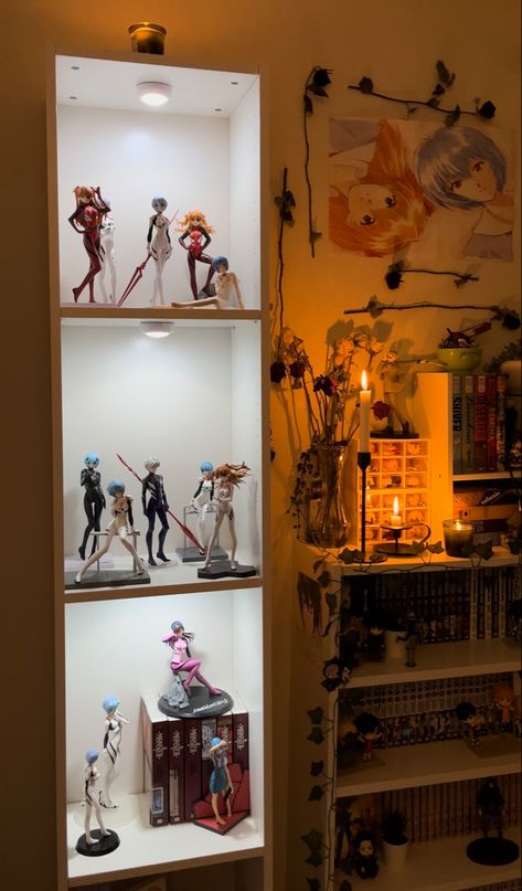 Evangelion Room Decor, Anime Grunge Room, Evangelion Room, Figure Shelves, Evangelion Figures, Figure Shelf, Rei Asuka, Otaku Room, Man Room