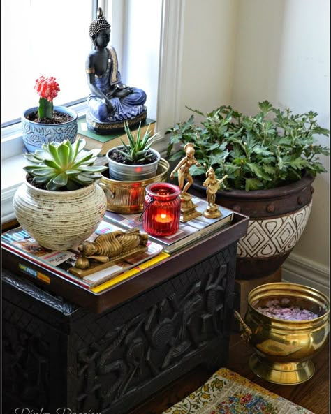 Indoor garden, zen place, Buddha corner, indoor plants styling, interiors with plants, zen corner, peaceful corner, green corner, global decor Plants Styling, Alter Ideas, Brass Bucket, Zen Corner, Zen Place, Green Corner, Indoor Plants Styling, Interior Room Decoration, Outdoors Indoors