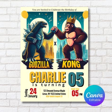 King Kong Birthday Party, Godzilla Invitations, Godzilla Birthday Party, Godzilla Birthday, Godzilla X Kong, King Kong Vs Godzilla, Bday Cards, Kids Birthday Party Invitations, Birthday Party Invite