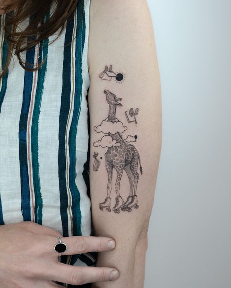 Giraffe flash design on Mariana 🦒🛼 Thank you for your trust again 🤍 #londontattoo #londontattooartist #finelinetattoo #animaltattoo #illustrativetattoo Giraffe Tattoo, Line Illustrations, Tattoo Animal, Fineline Tattoo, Trusting Again, London Tattoo, Flash Design, Fine Line Tattoos, Line Illustration