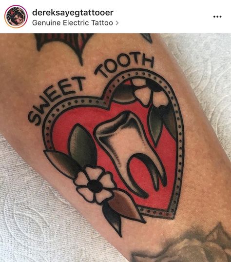 Traditional Tooth Tattoo Design, American Traditional Tooth Tattoo, Toothpaste Tattoo, Tootsie Roll Tattoo, Traditional Candy Tattoo, Traditional Tooth Tattoo, Traditional Tattoo Tooth, Sweet Tooth Tattoo, Tooth Fairy Tattoo