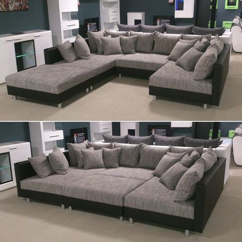 Wohnlandschaft Claudia XXL Ecksofa Couch Sofa mit Hocker schwarz und graubeige i… Blue Furniture Living Room, Comfy Sectional, Koti Diy, Home Cinema Room, Furniture Sofa Set, تصميم للمنزل العصري, Design Salon, Living Room Sofa Design, Home Theater Rooms