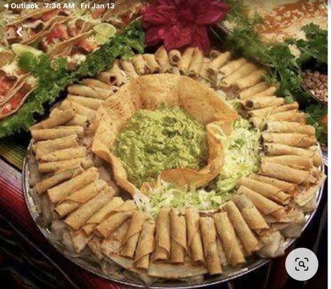 Wedding Food Mexican Taco Bar, Good Mexican Party Food, Foods For Quinceanera, Mexican Party Food Platters, Mexican Food Platters, Taquitos Charcuterie Board, Taquitos Party Platter, Catering Ideas Mexican Food, Mexican Meal Ideas For Party