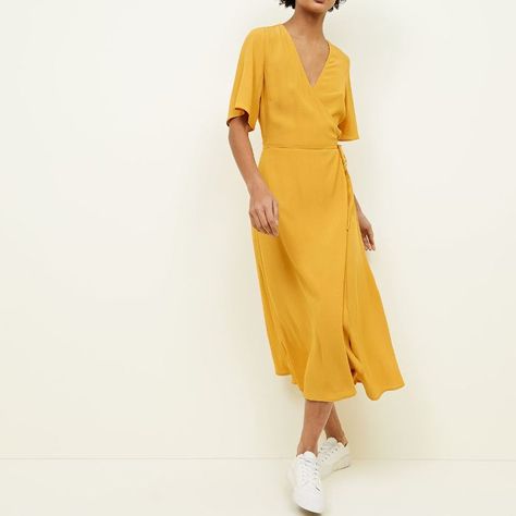 New Look Mustard Yellow Wrap Front Midi Dress Yellow Dress Short, Summer Outfits Women 20s, Mustard Yellow Dresses, New Look Dresses, Yellow Dresses, Midi Dress Casual, Casual Street Style, Dress Short, Summer Outfits Women