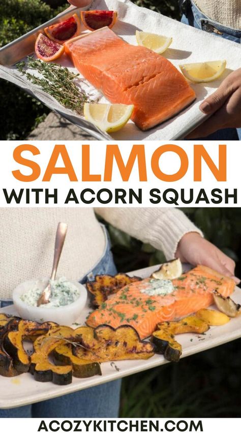 Looking for an easy salmon dinner idea? Look no further! You can grill this outdoors or on an indoor grill pan. Served with roasted acorn squash brushed in herbed butter, this easy seafood dinner just screams cozy fall and winter dinner option. #easysalmonrecipes #winterrecipes #acornsuashrecipes Salmon And Acorn Squash, Salmon And Squash Recipes, Paleo Acorn Squash, Easy Seafood Dinner, Easy Salmon Dinner, Herbed Butter, Roasted Acorn Squash, Acorn Squash Recipes, Easy Sheet Pan Dinners